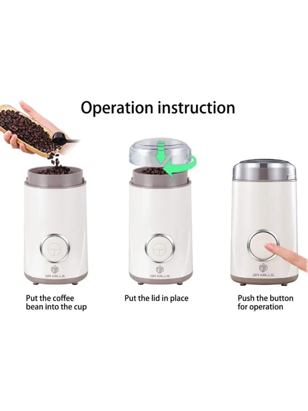 Electric Coffee Grinder for Beans & Spices, One-Touch Operation, Stainless Steel